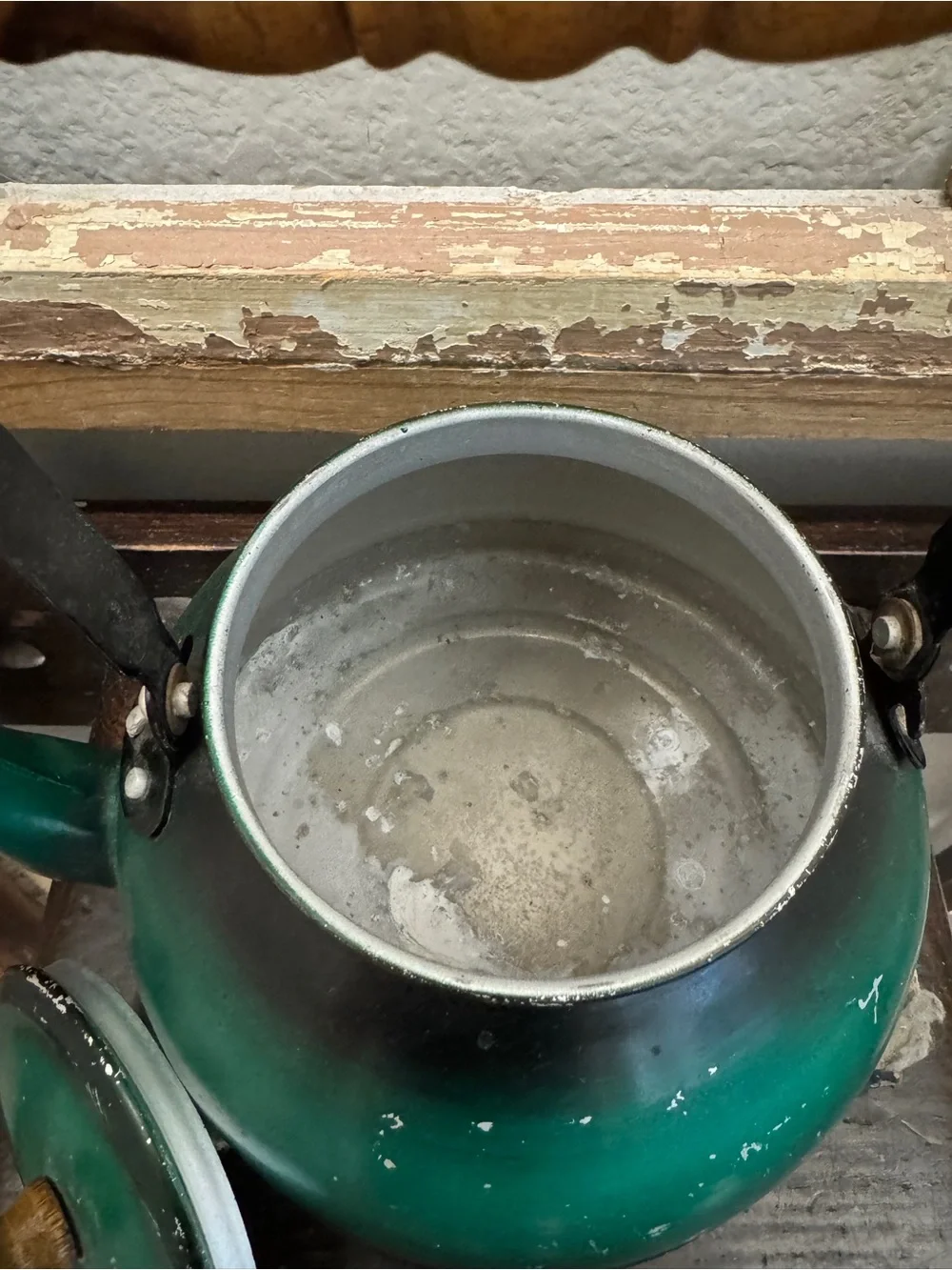 Green Vintage Tea Kettle with Wooden Handle